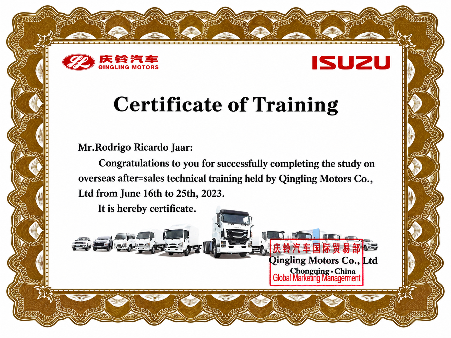 Certificado de capacitación Qingling Motors iMotors Honduras