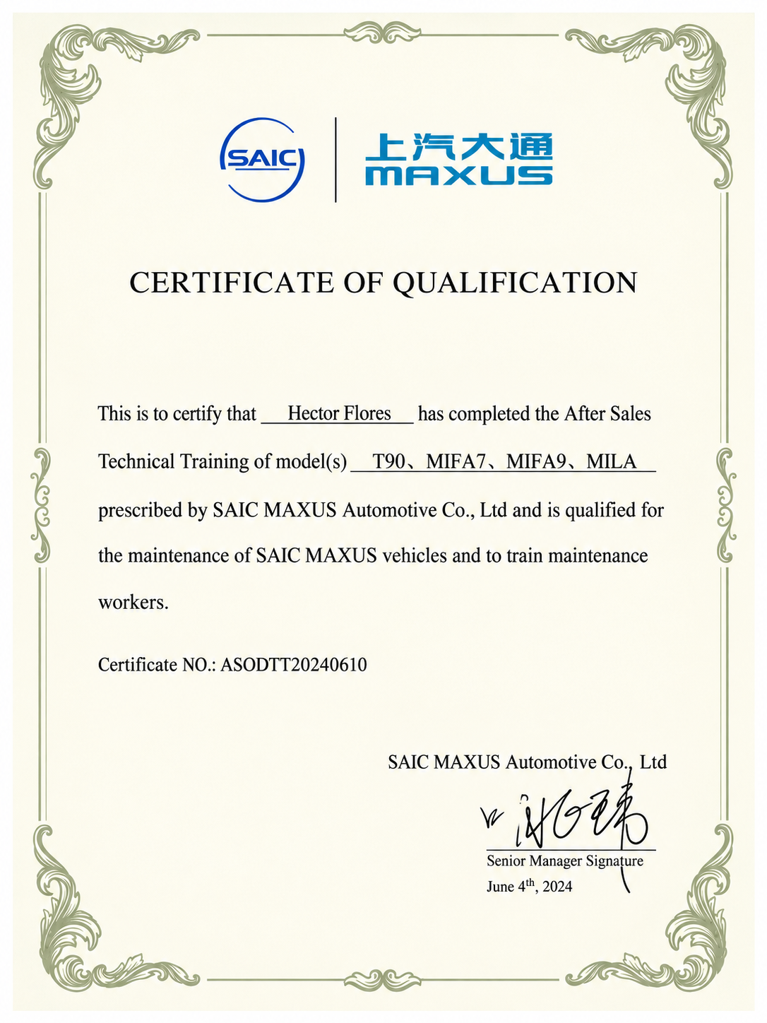 Certificación técnica SAIC MAXUS iMotors Honduras